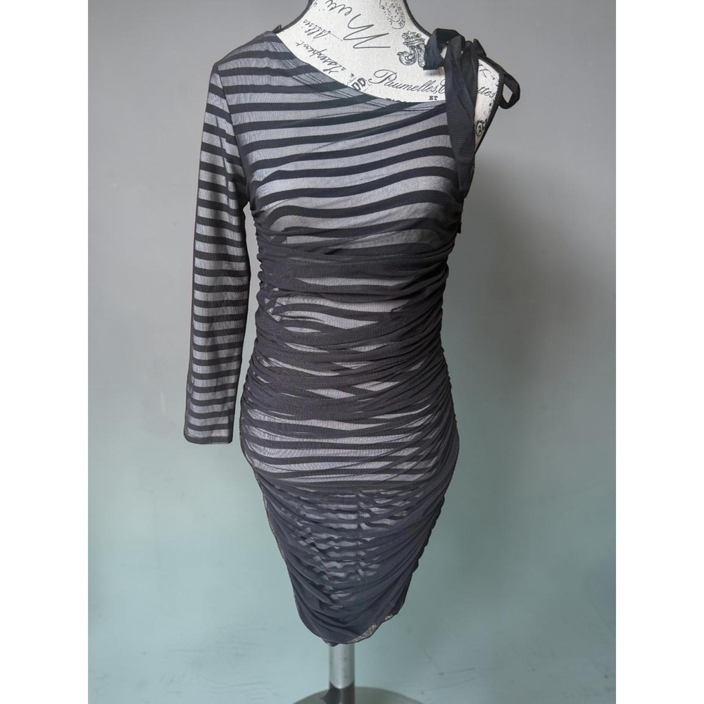 BCBGMaxazria Bodycon Dress Women XS Bandage Stripe Mesh Lined One-Shoulder Sexy